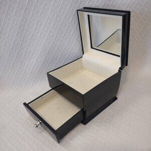 Vintage Black Jewelry Box Small 4" Mirror Lid Drawer Travel Vanity